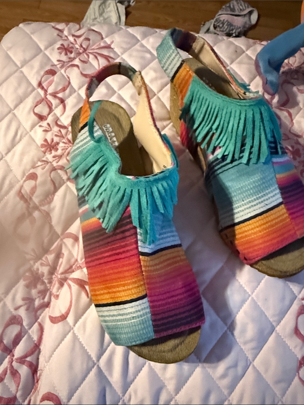 Multi-Color Fringe Slingback Sandals - Teal & Rainbow
